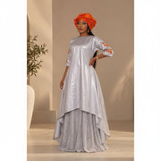 Robe bazin riche femme gris orange et dentelle coton, ensemble élégant mariage