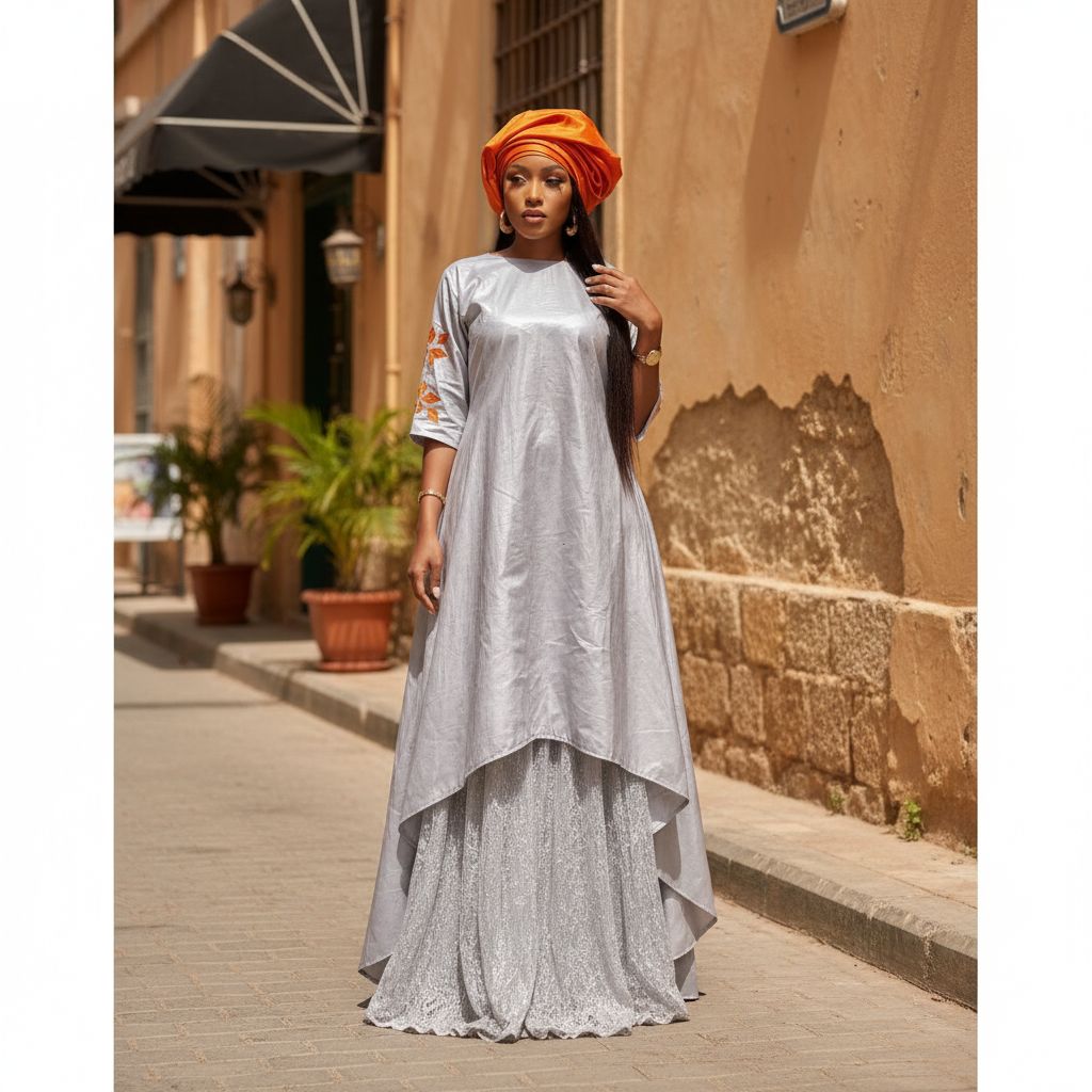 Robe bazin riche femme gris orange et dentelle coton, ensemble élégant mariage
