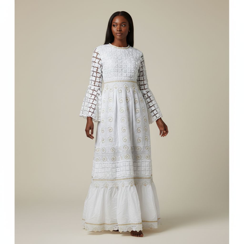Robe blanche mariage femme longue dentelle dorée Geztner élégante cérémonie