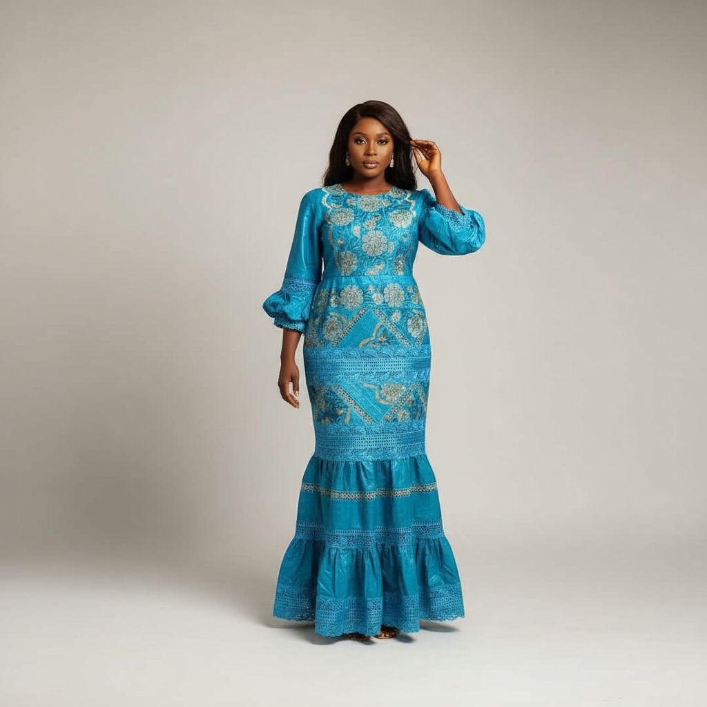 Robe bleu turquoise dentelle élégante, bazin brodé, cérémonie ou soirée