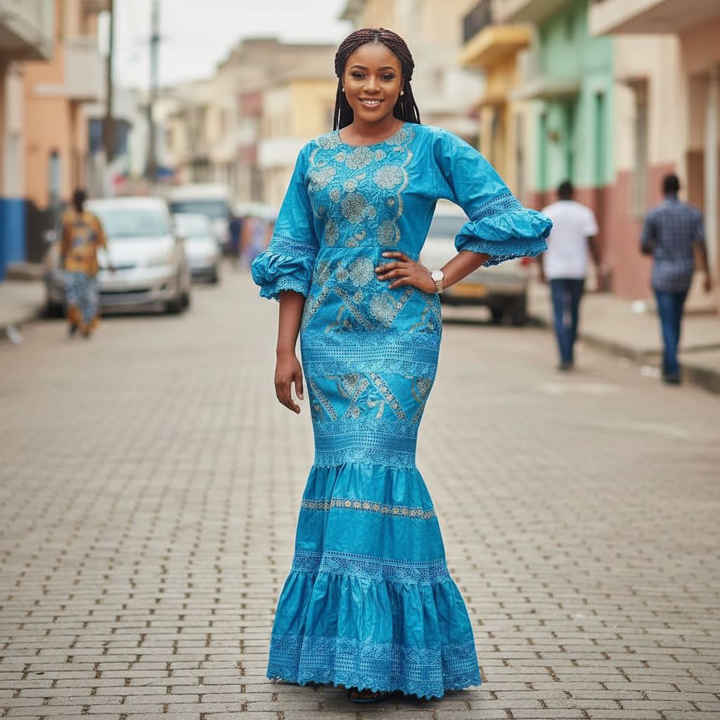 Robe bleu turquoise dentelle élégante, bazin brodé, cérémonie ou soirée
