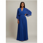 Robe bleue femme chic, plissée, col en V croisé, élégante et fluide