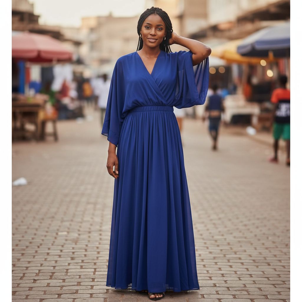 Robe bleue femme chic, plissée, col en V croisé, élégante et fluide