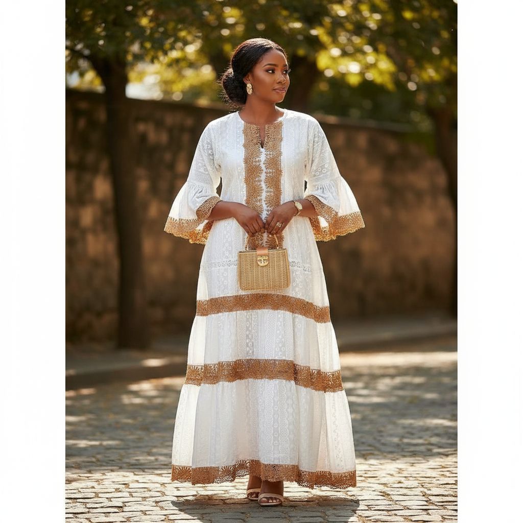 Robe broderie anglaise femme blanche et marron, élégante et chic manches bouffantes