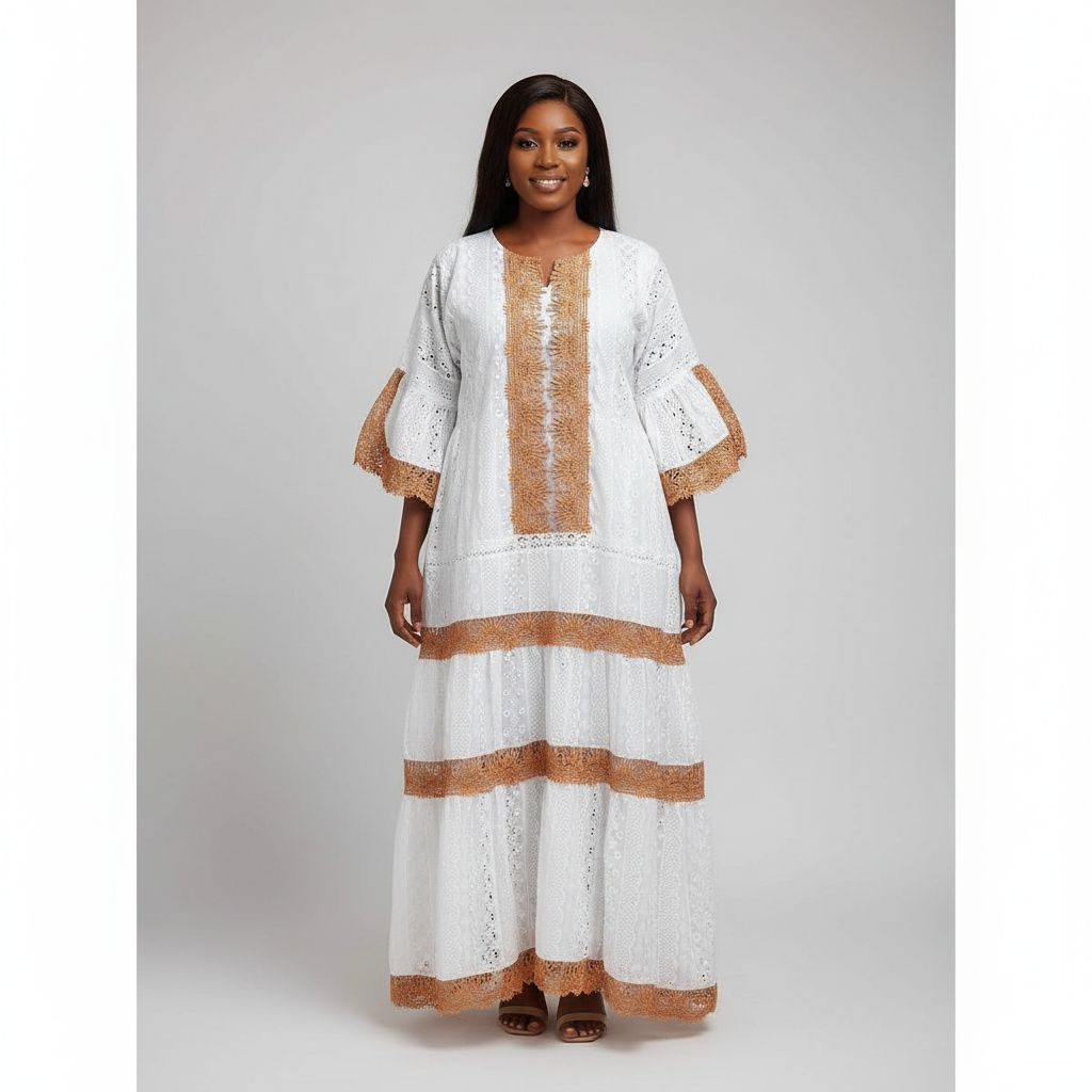 Robe broderie anglaise femme blanche et marron, élégante et chic manches bouffantes