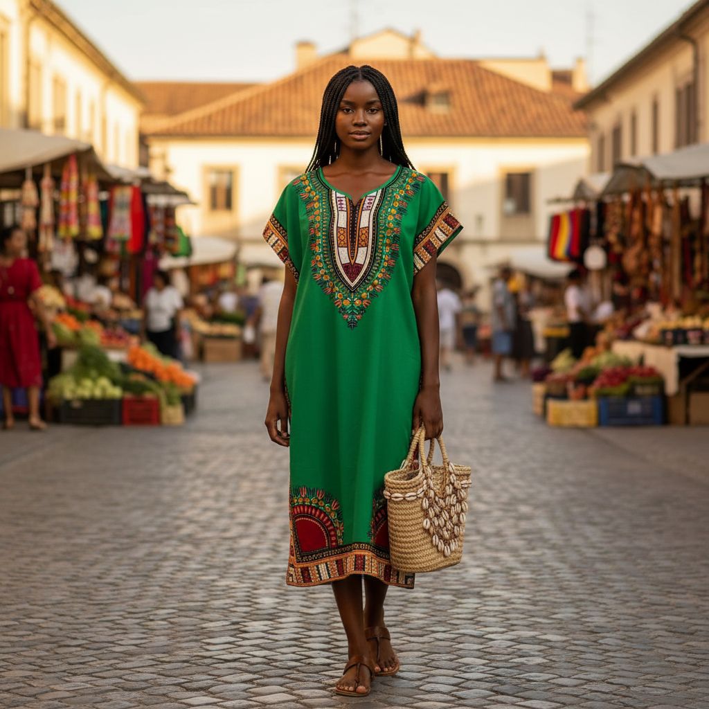 Robe caftan femme ample coton, dashiki vert, élégante et ethnique africaine