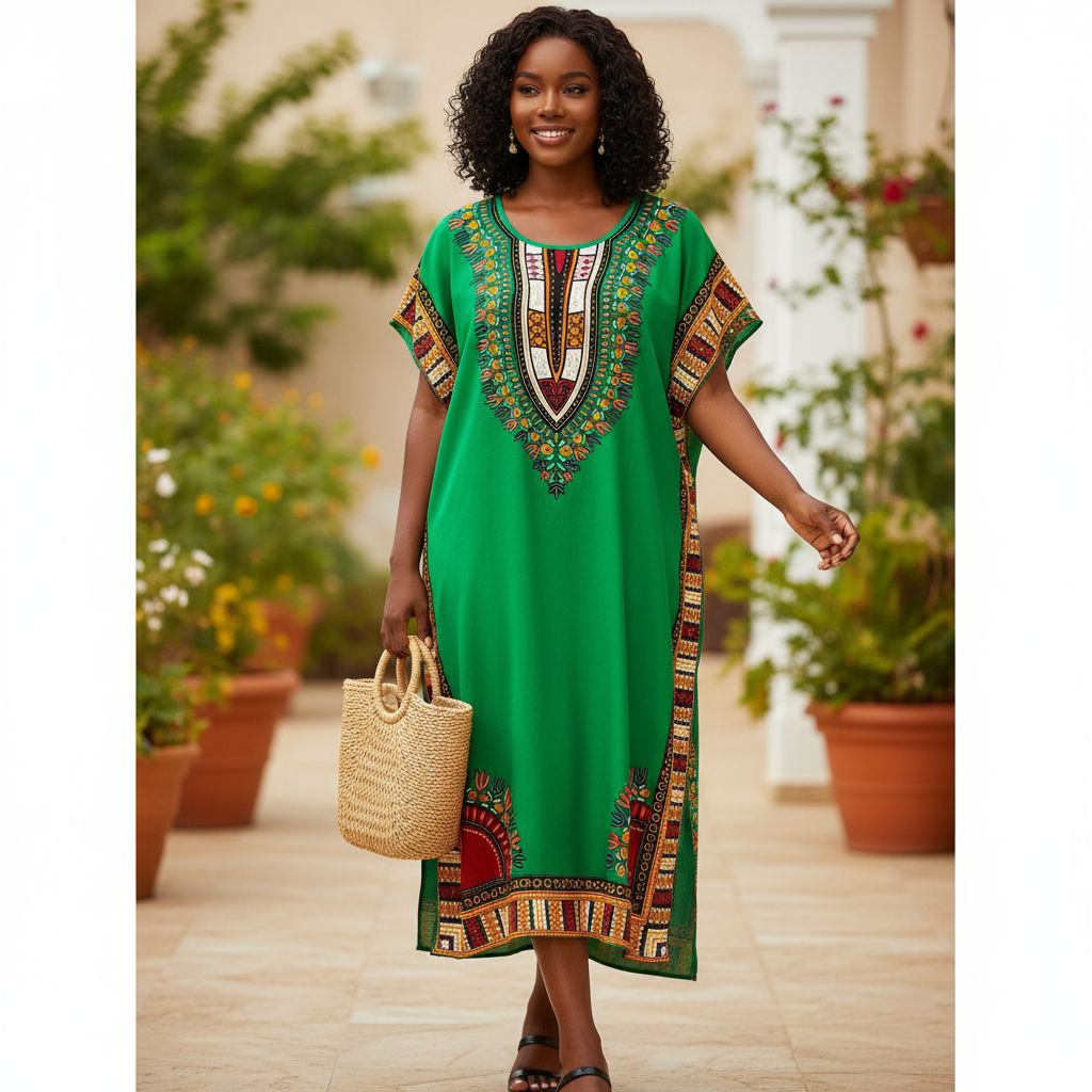 Robe caftan femme ample coton, dashiki vert, élégante et ethnique africaine