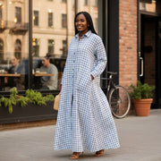 Robe chemise longue femme bleu blanc à carreaux, ample coton avec poches