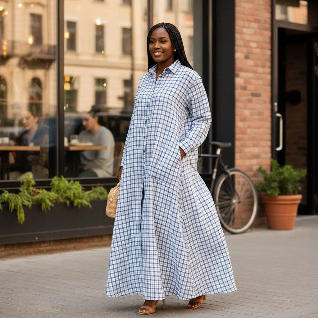 Robe chemise longue femme bleu blanc à carreaux, ample coton avec poches