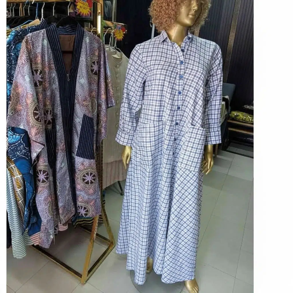 Robe chemise longue femme bleu blanc à carreaux, ample coton avec poches