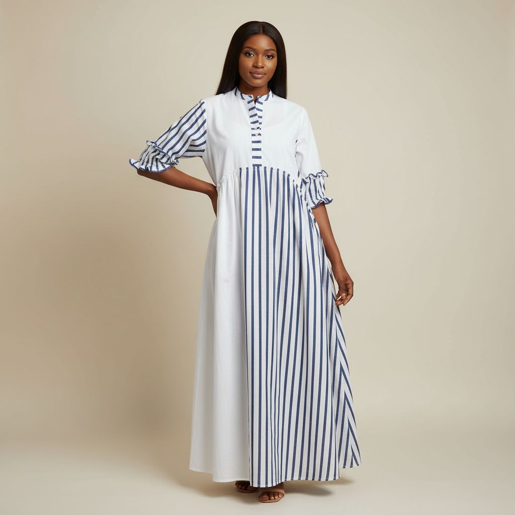 Robe chemisier coton femme blanche et bleue, élégante et fluide, col V