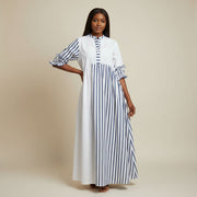 Robe chemisier coton femme blanche et bleue, élégante et fluide, col V