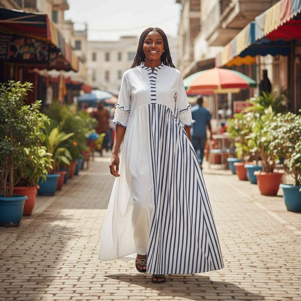 Robe chemisier coton femme blanche et bleue, élégante et fluide, col V