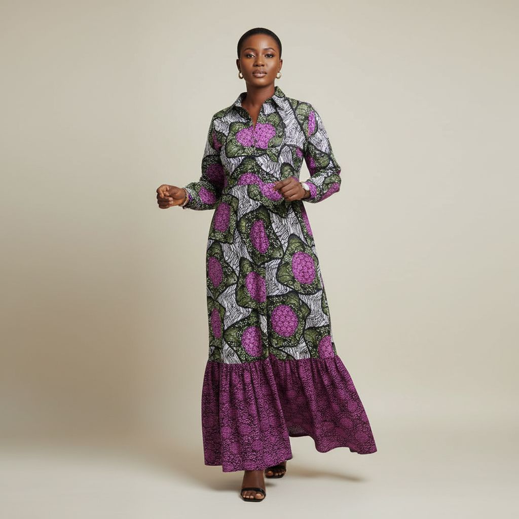 Robe chemisier wax longue femme, imprimé africain coloré, coton respirant