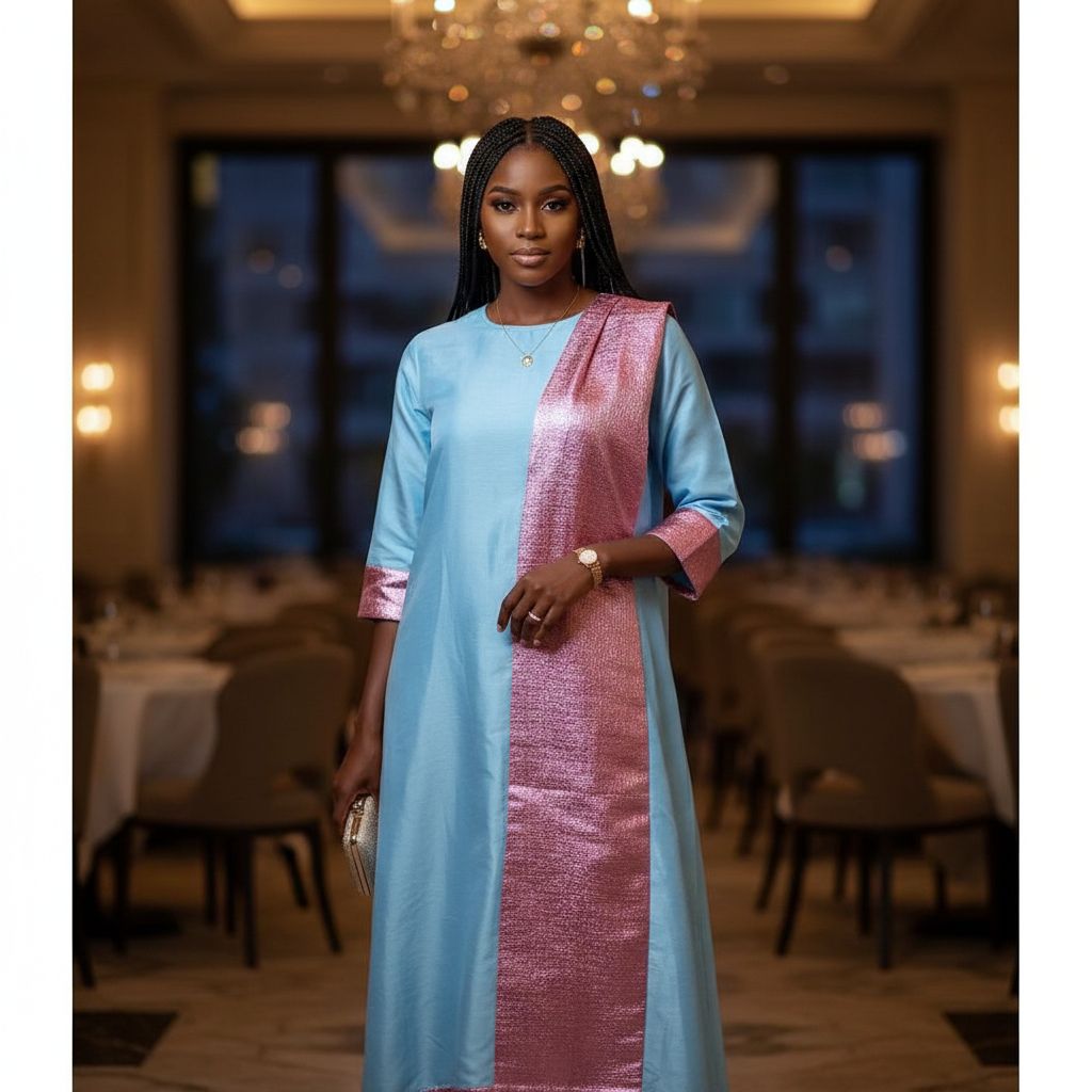 Robe chic en shantung bleu bakha et rose