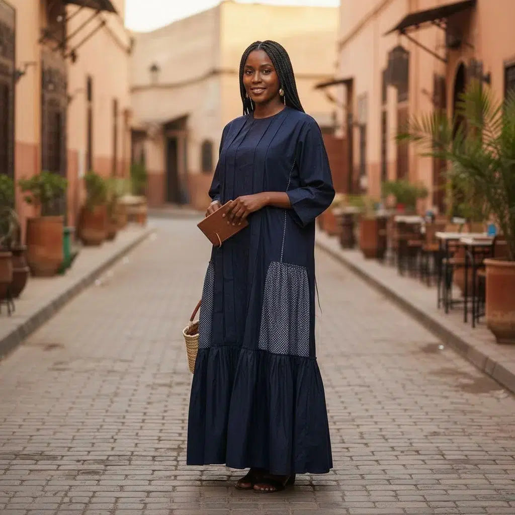 Robe coton bleu femme longue ample style bohème avec manches 3/4