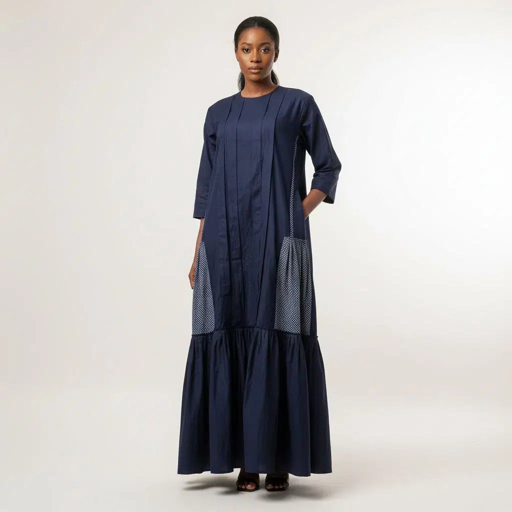 Robe coton bleu femme longue ample style bohème avec manches 3/4