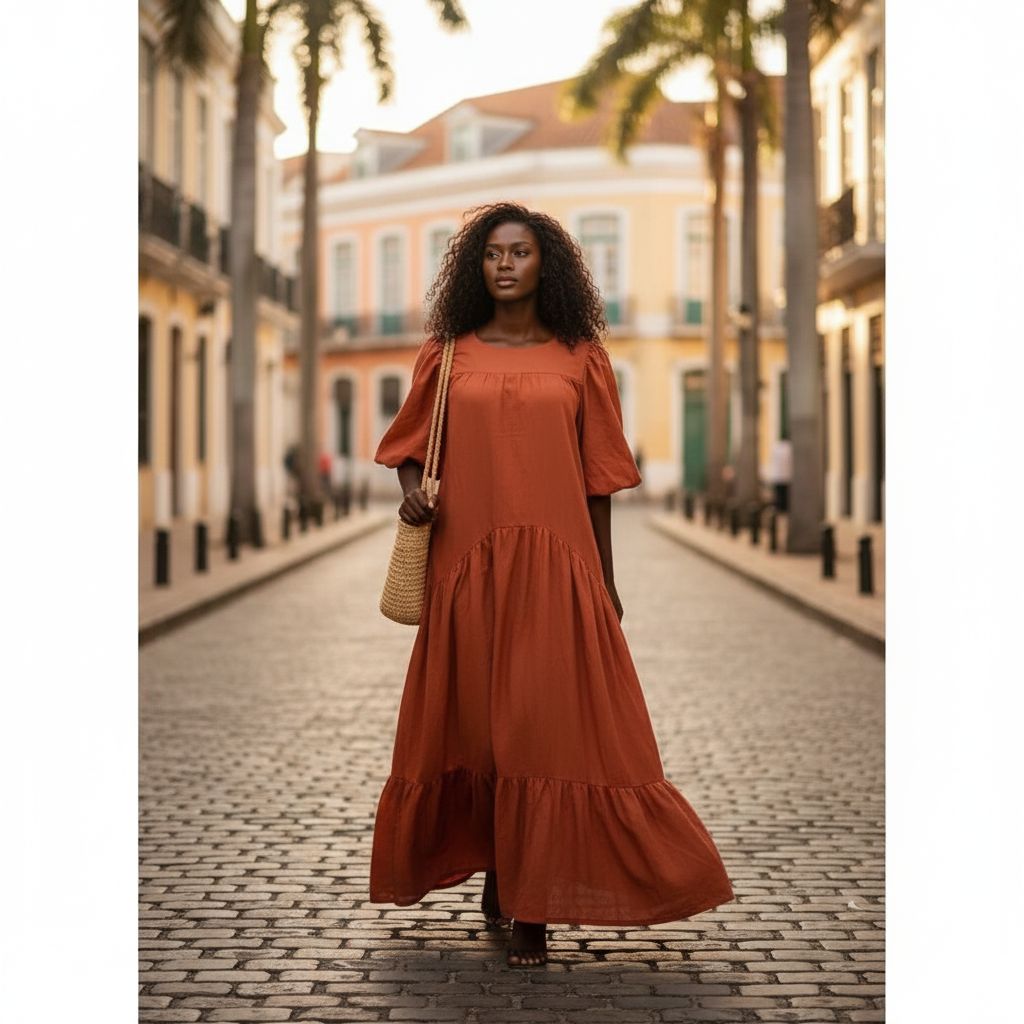 Robe coton femme longue terracotta orange, bohème chic et élégante