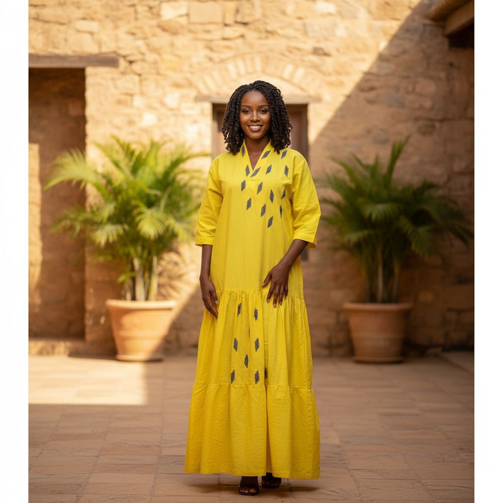 Robe coton jaune femme brodée main, longue bohème chic, col V fluide