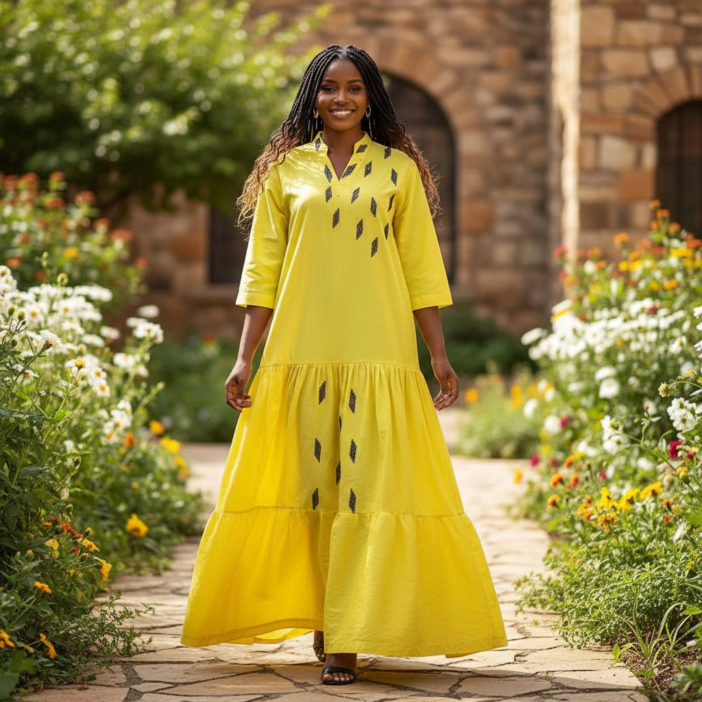 Robe coton jaune femme brodée main, longue bohème chic, col V fluide