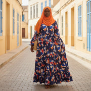 Robe longue coton multicolore à manches longues et boutons