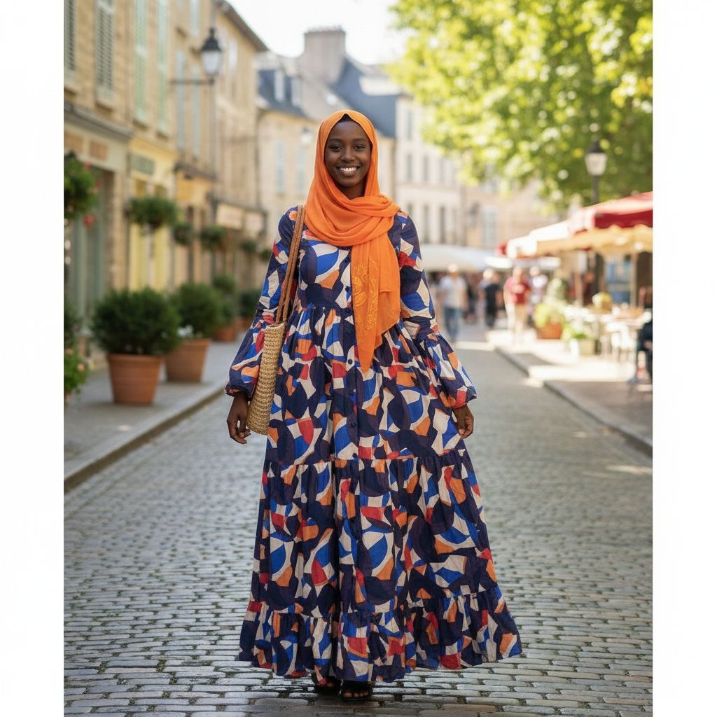 Robe longue coton multicolore à manches longues et boutons