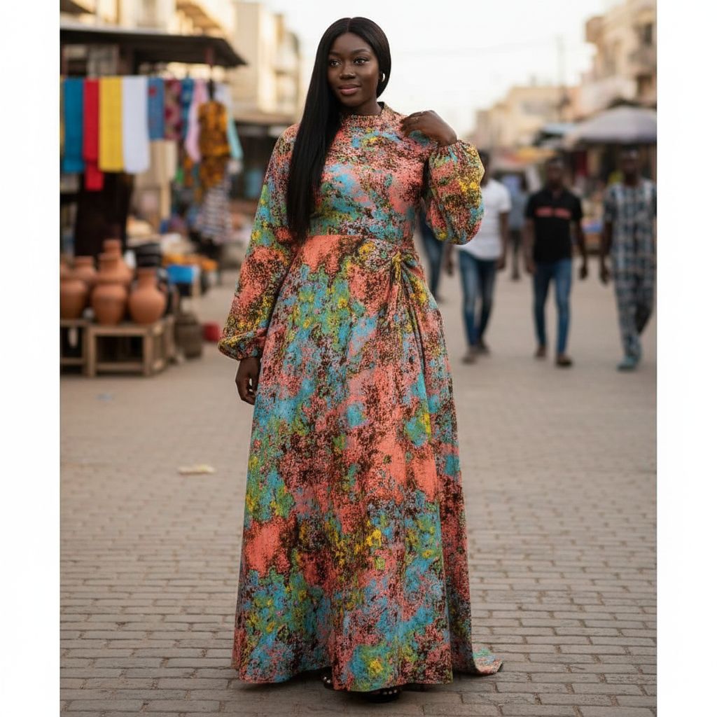 Robe coton multicolore femme longue imprimé abstrait, élégante et fluide