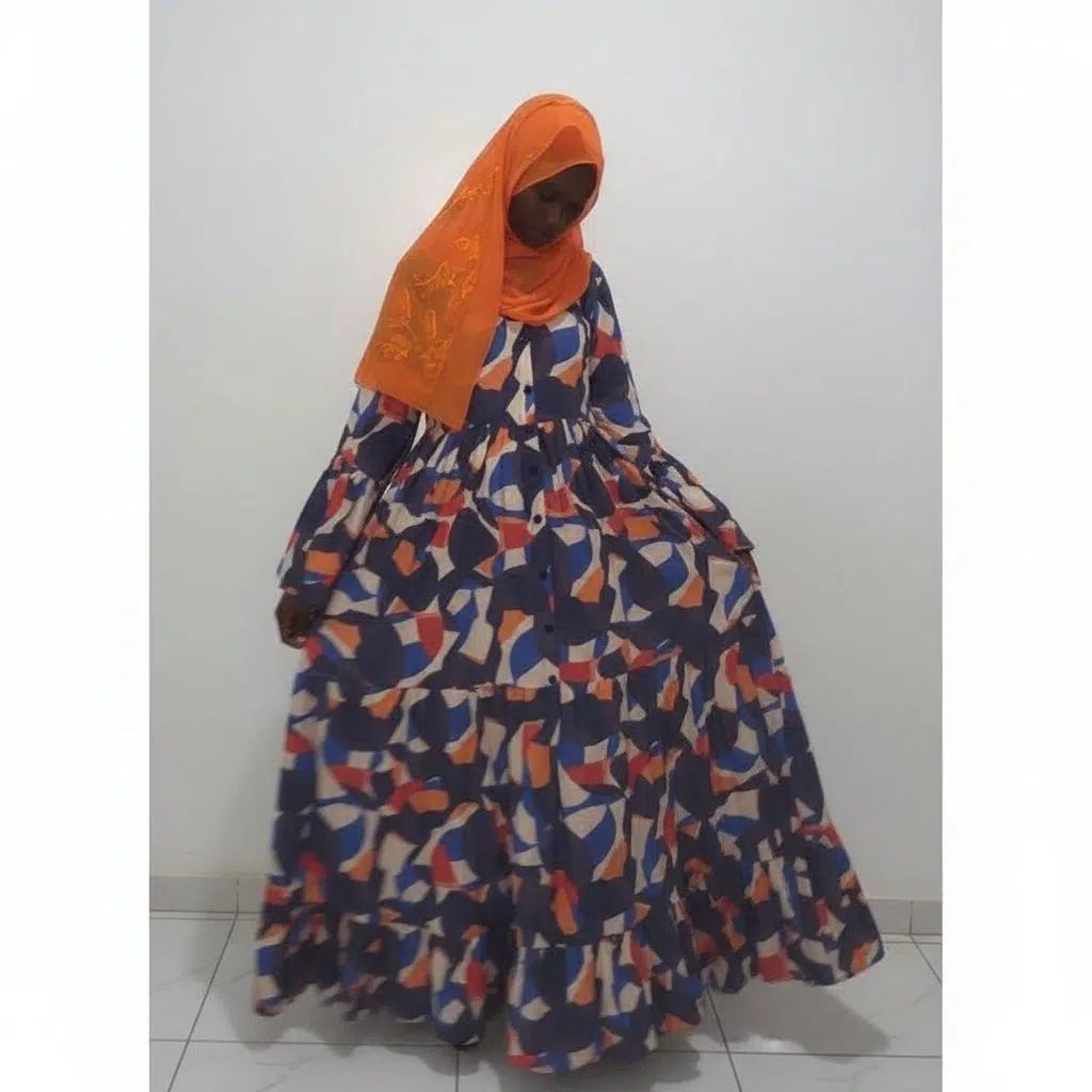 Robe longue coton multicolore à manches longues et boutons