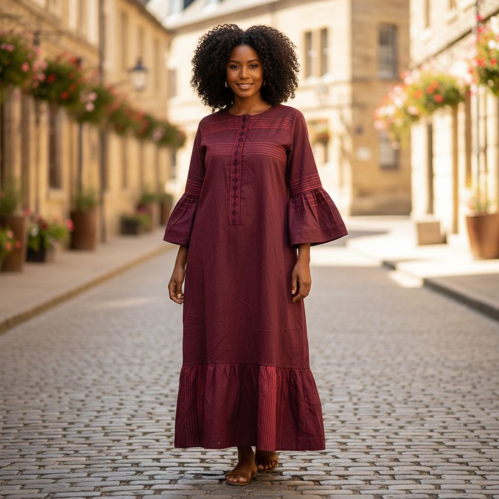 Robe coton rouge femme élégante longue bohème, manches trois-quarts L XL