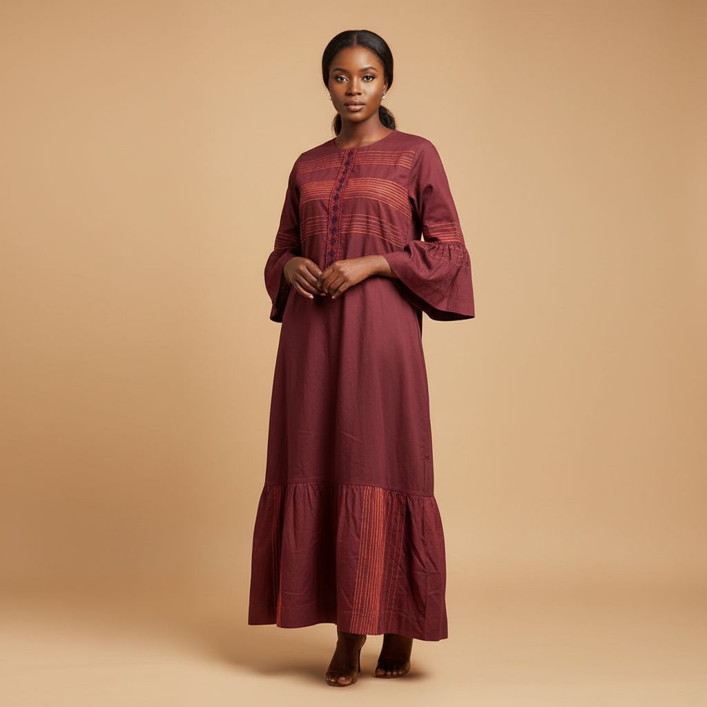 Robe coton rouge femme élégante longue bohème, manches trois-quarts L XL