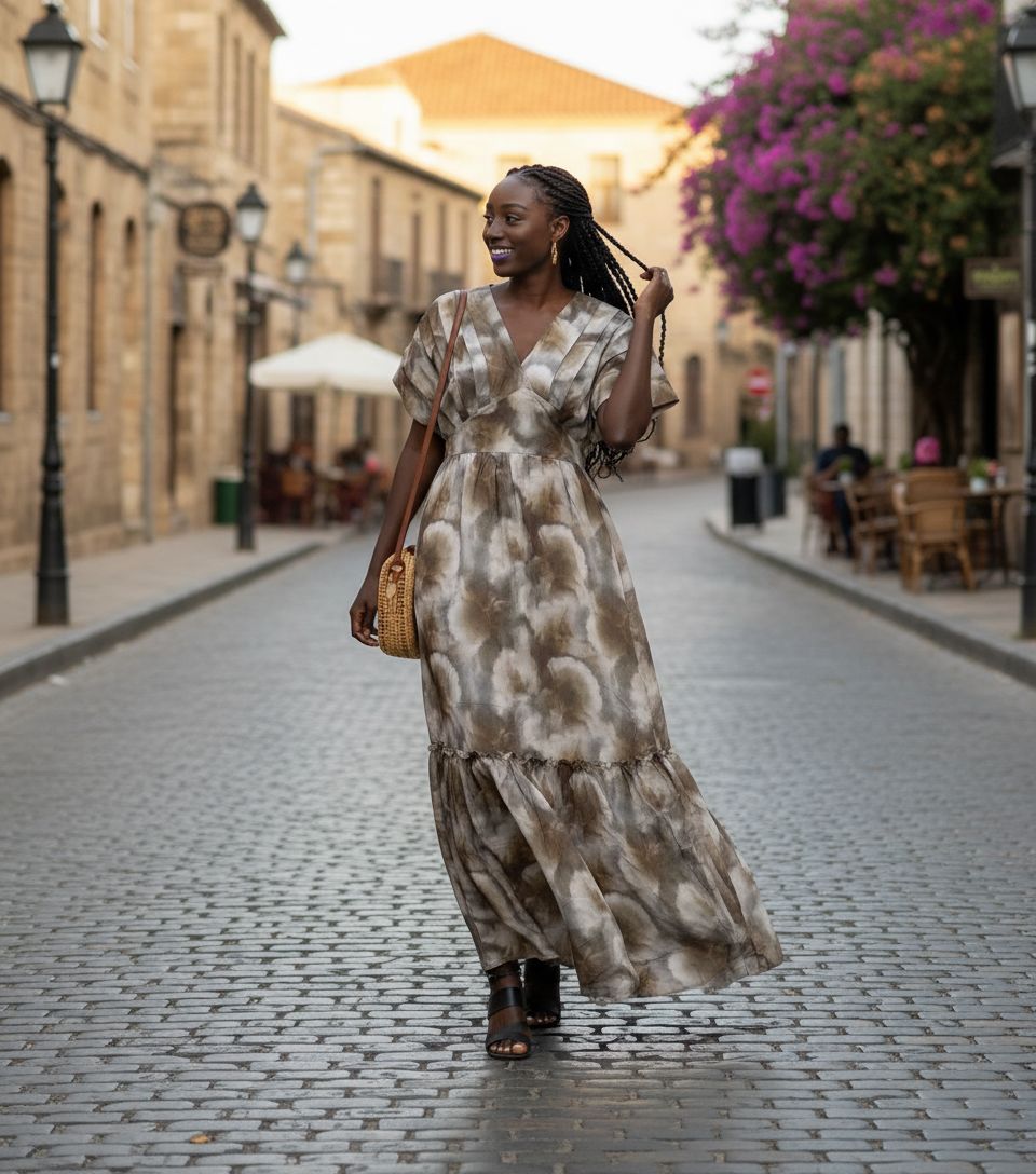 Robe longue bohème en coton soyeux avec décolleté V