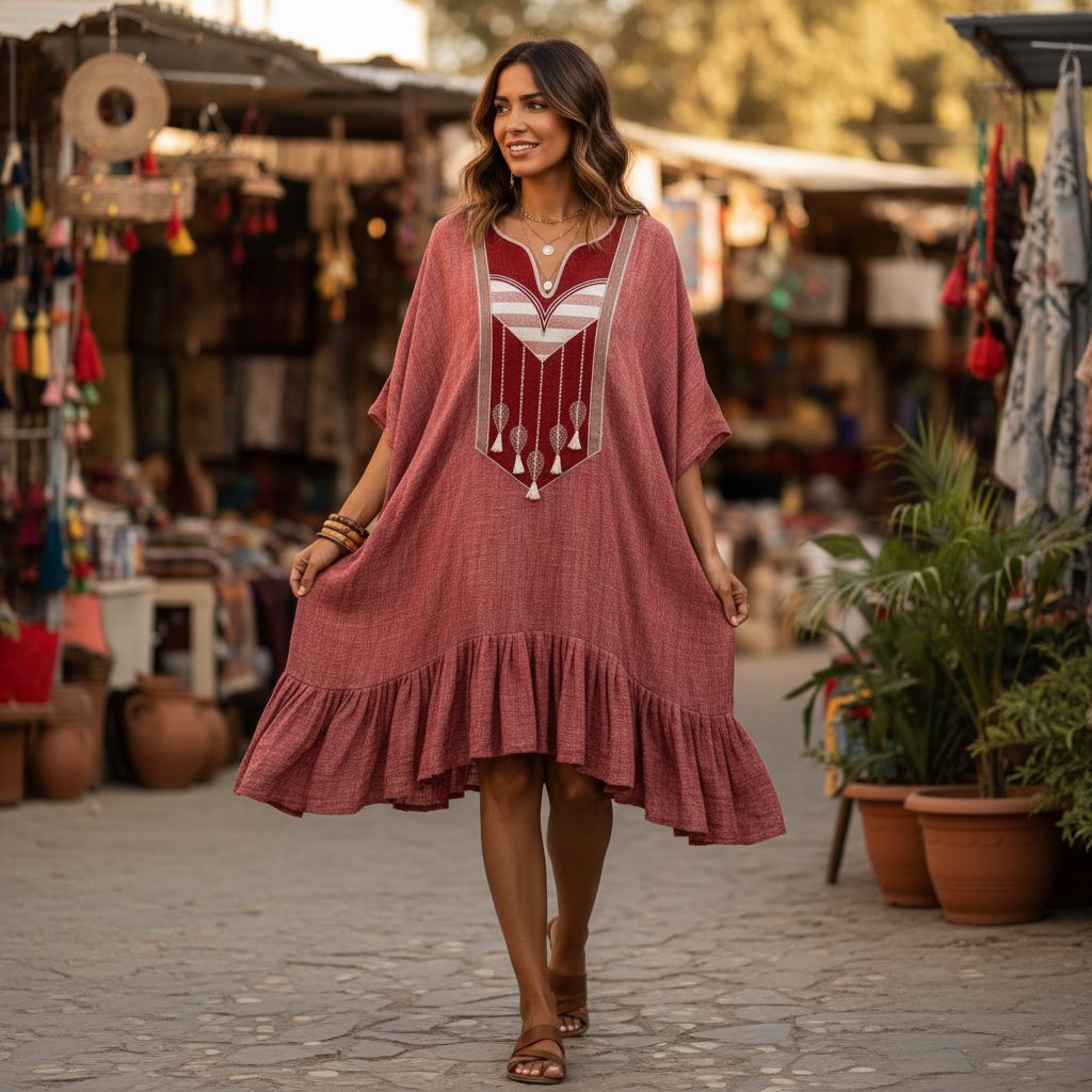 Robe Courte Lin Rouge Brique Patchwork - Élégance Bohème Chic