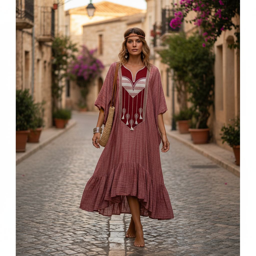 Robe Courte Lin Rouge Brique Patchwork - Élégance Bohème Chic