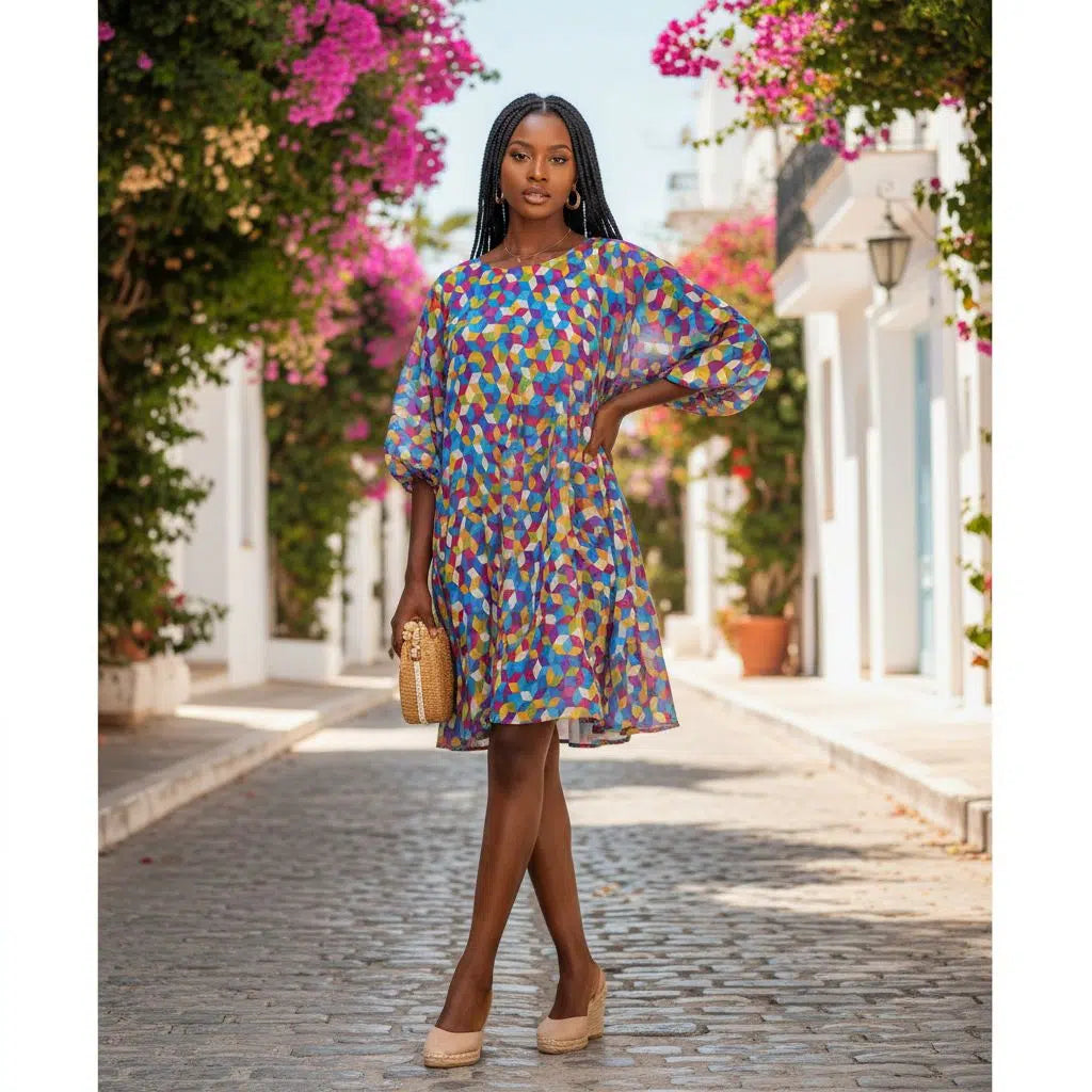 Robe courte organza femme bleu multicolore