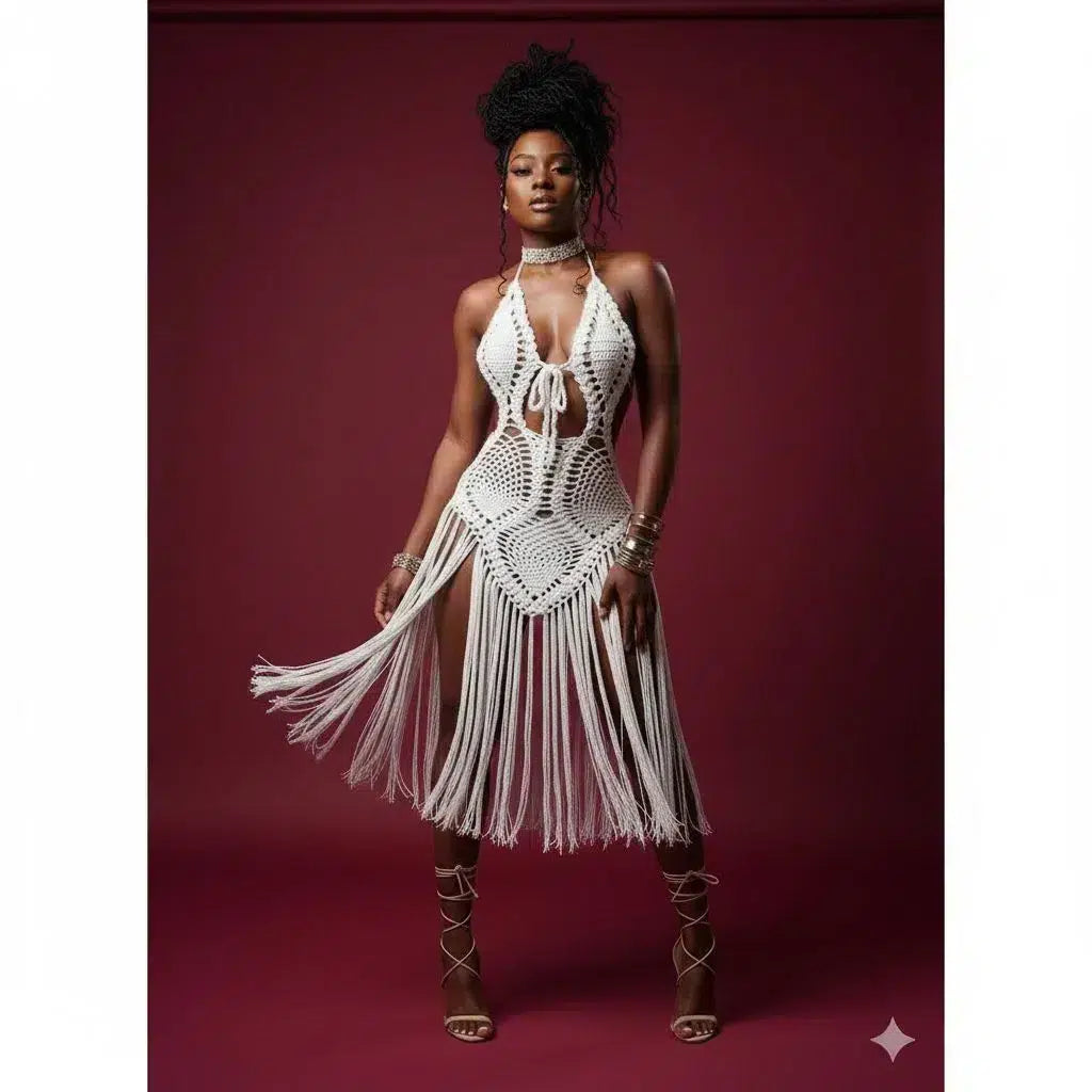 Robe crochet fait main bohème chic blanche rouge – Robe été artisanale femme