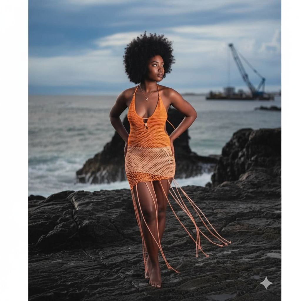 Robe de plage crochet bicolore orange blanc