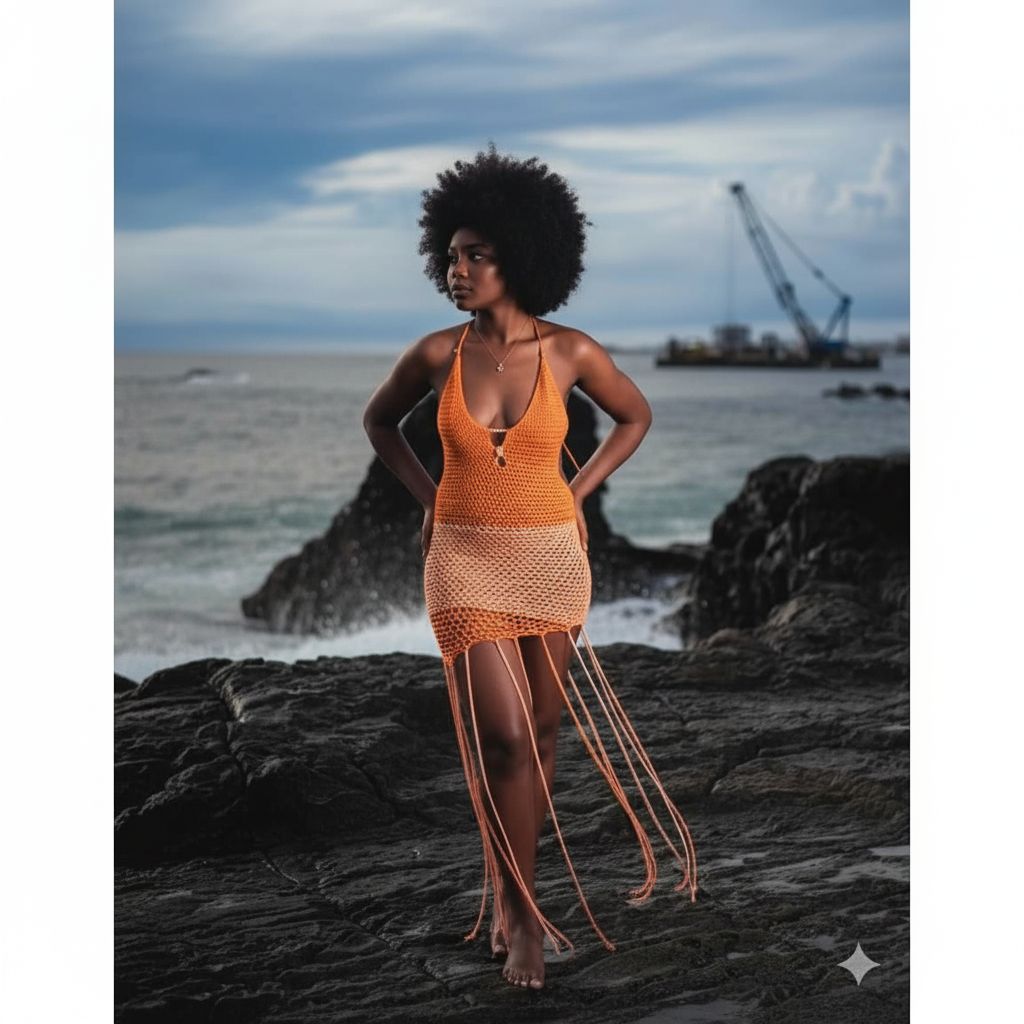 Robe de plage crochet bicolore orange blanc