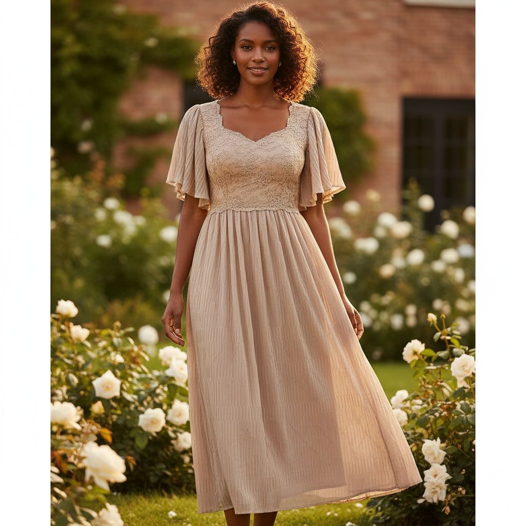 Robe dentelle beige femme longue plissée chic marron clair élégante cérémonie