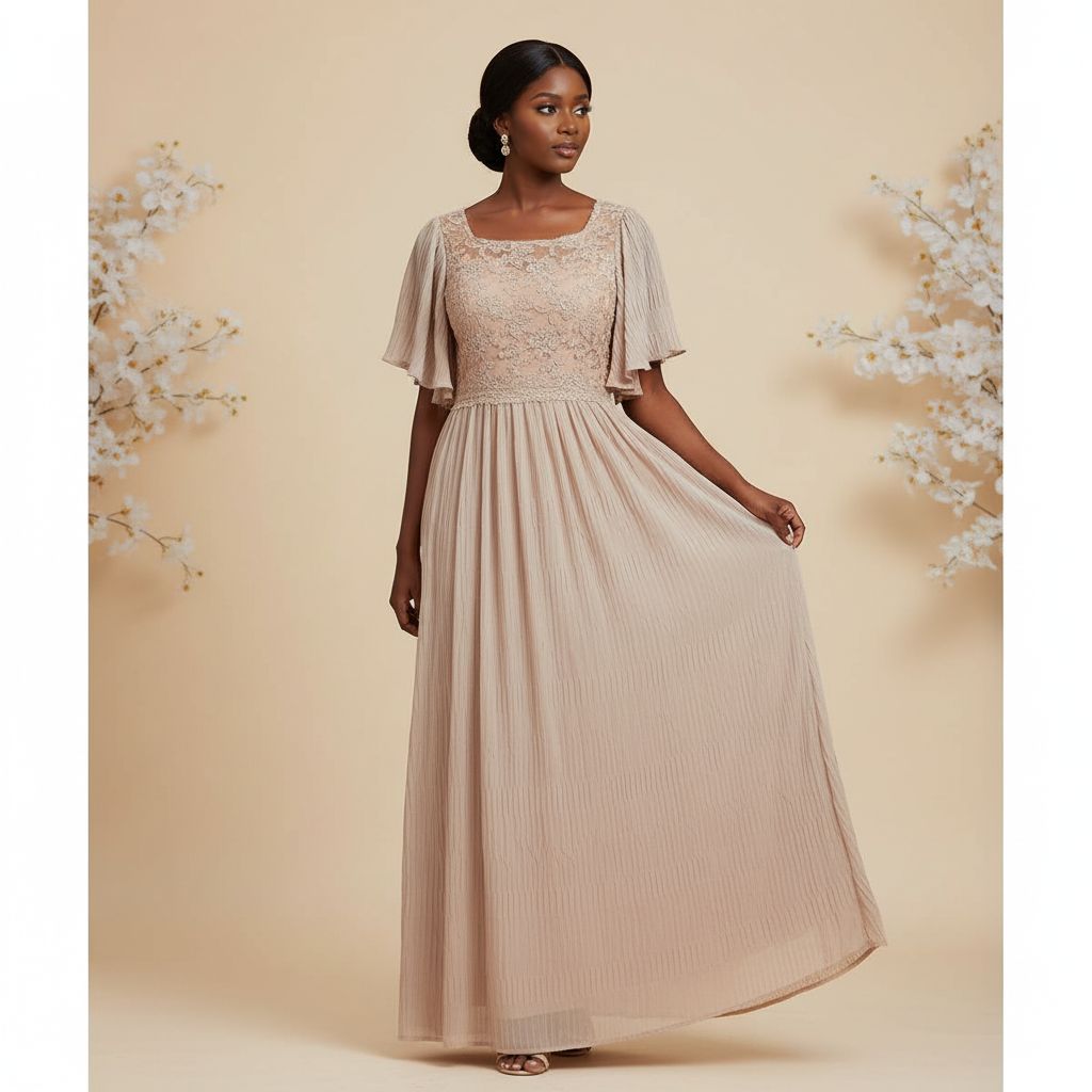 Robe dentelle beige femme longue plissée chic marron clair élégante cérémonie