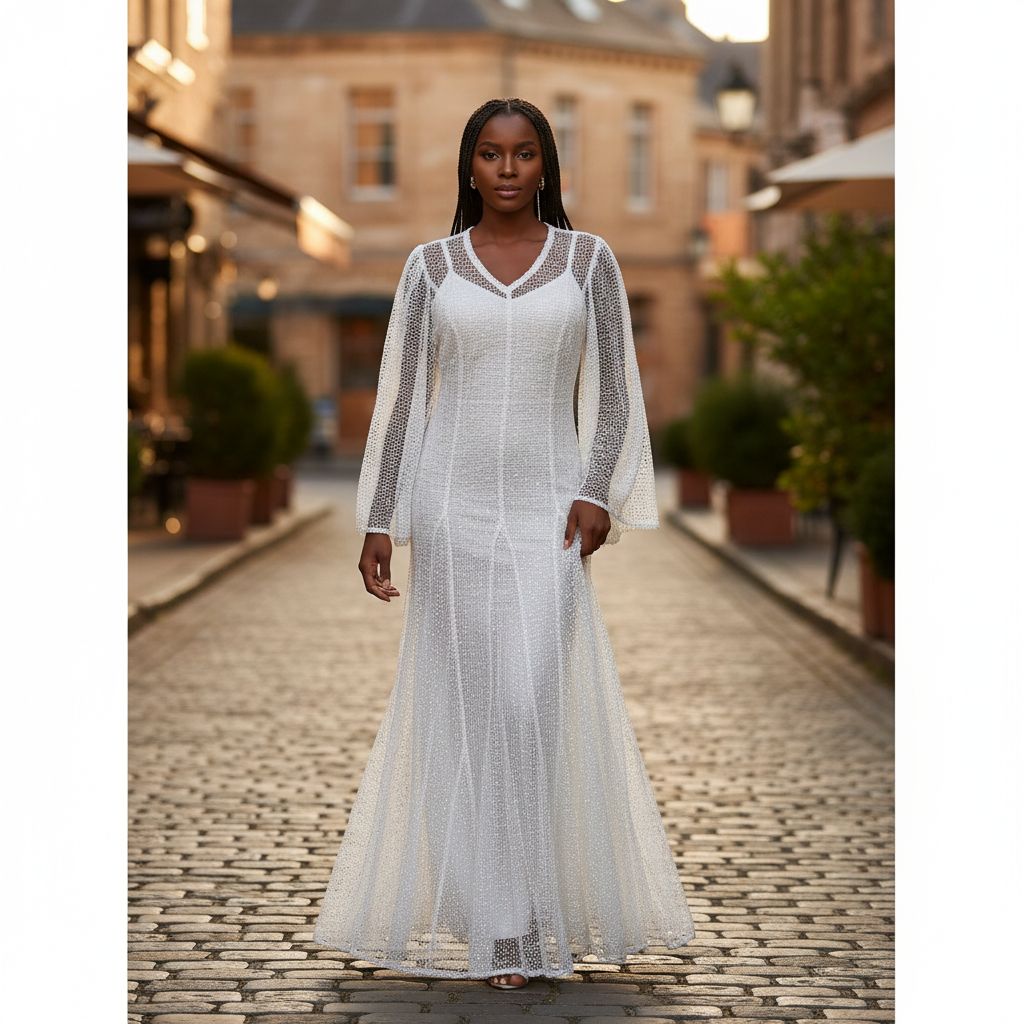 Robe dentelle blanche longue élégante femme, bohème chic cérémonie soirée