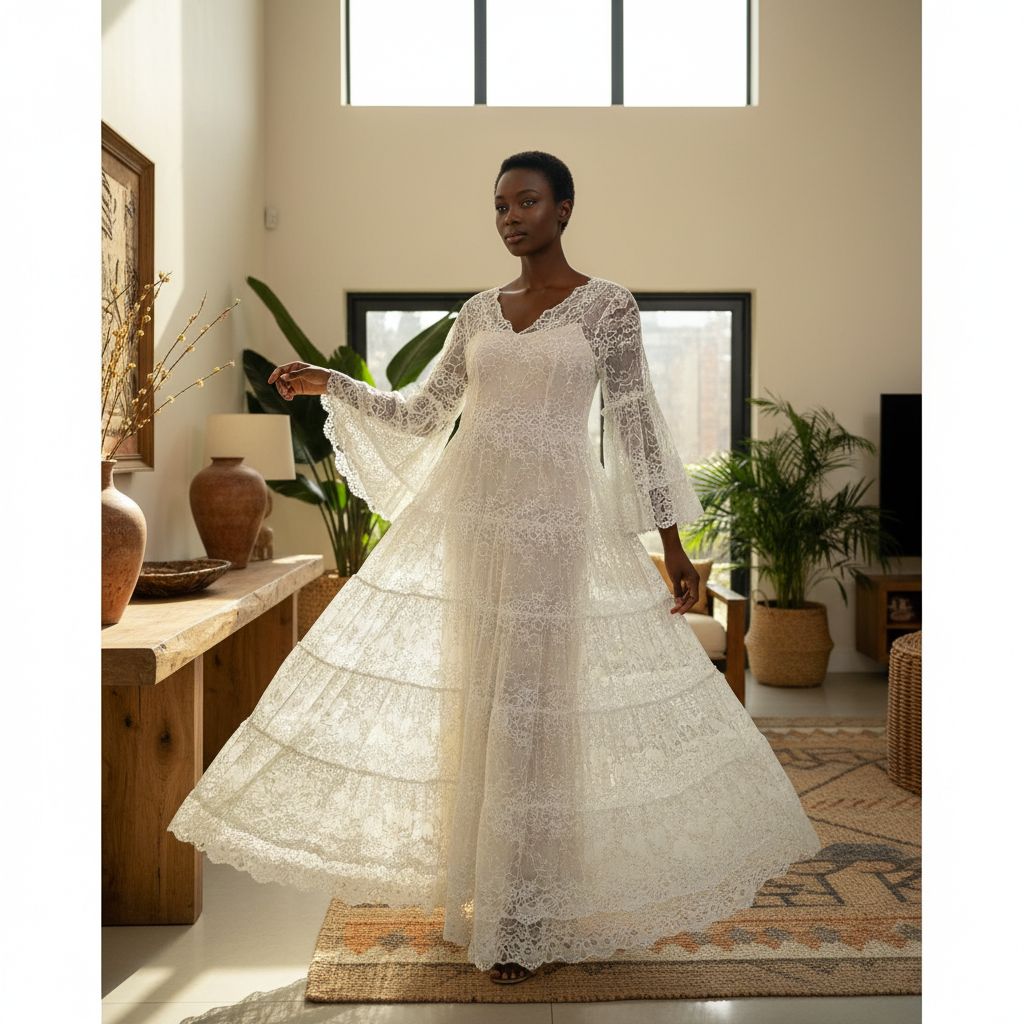 Robe dentelle blanche femme élégante, longue & style bohème chic pour cérémonie soirée