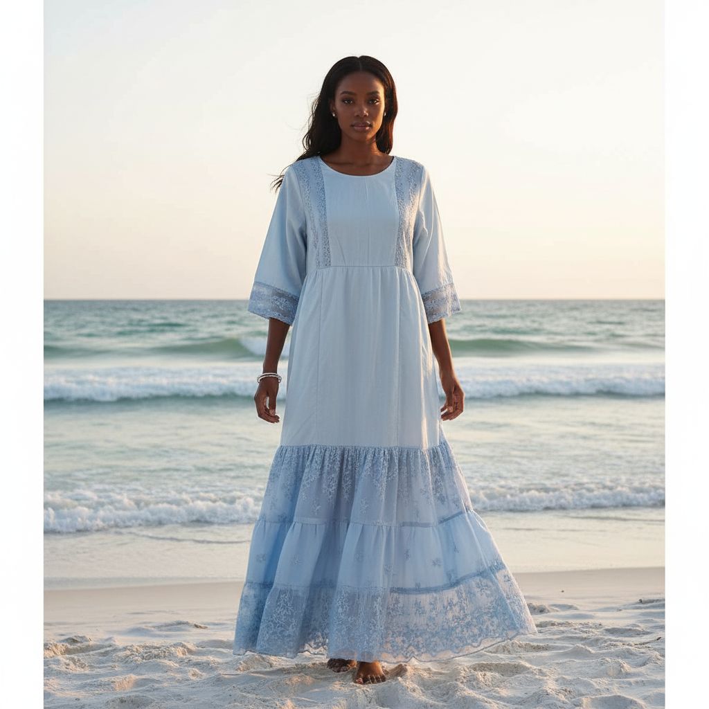 Robe dentelle bleu femme Geztner longue élégante bohème chic manches