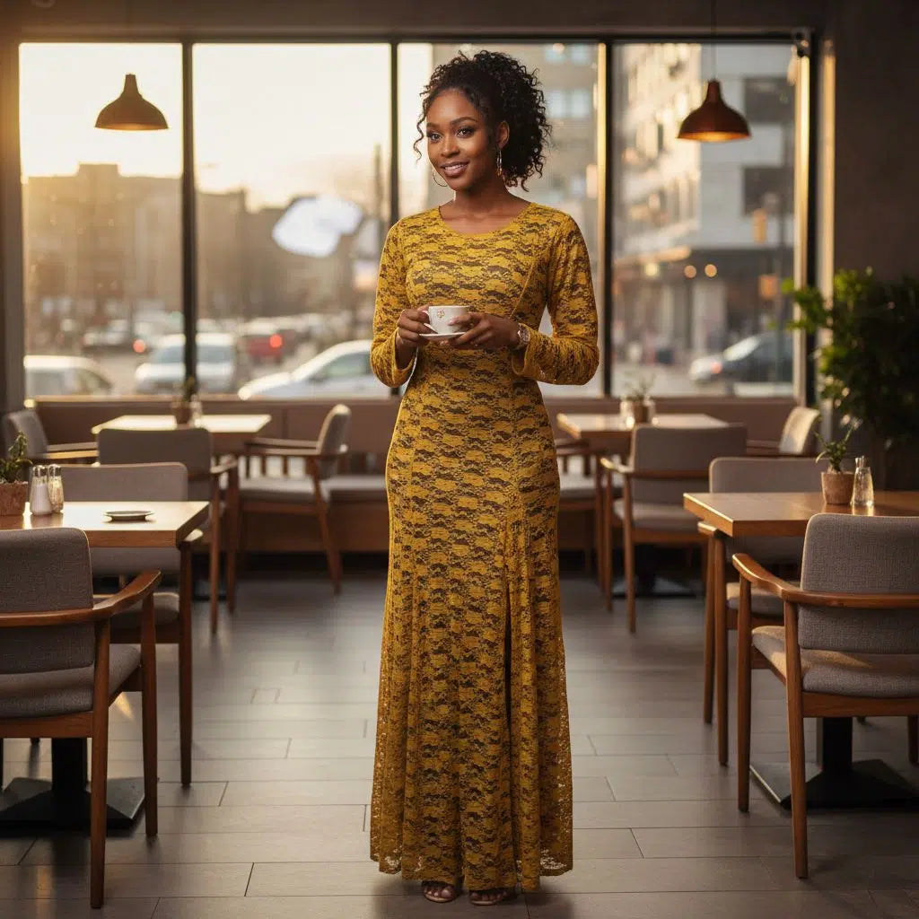 Robe dentelle jaune or longue élégante femme soirée cérémonie chic