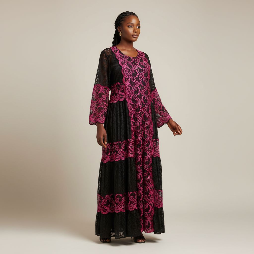 Robe dentelle noire femme longue chic, élégante soirée ou cérémonie