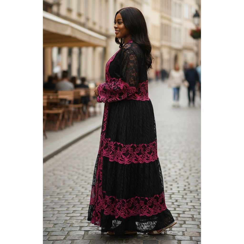 Robe dentelle noire femme longue chic, élégante soirée ou cérémonie