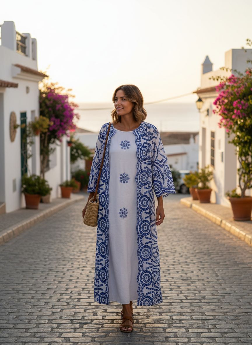 Robe style bohème en coton longue avec motifs bleus