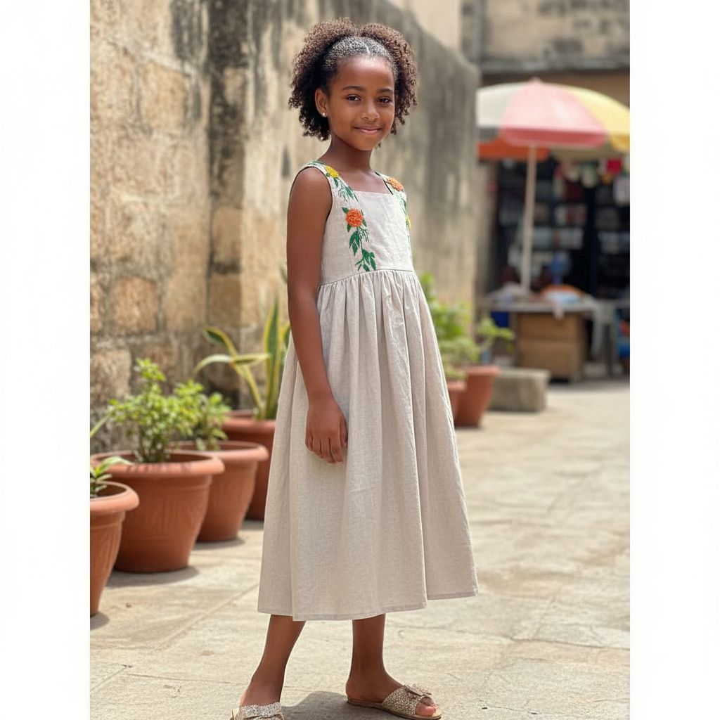 Robe en lin fille bohème beige, broderie fleurs, été chic et légère