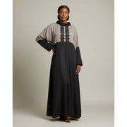 Robe en soie et dentelle femme longue élégante col montant gris noir