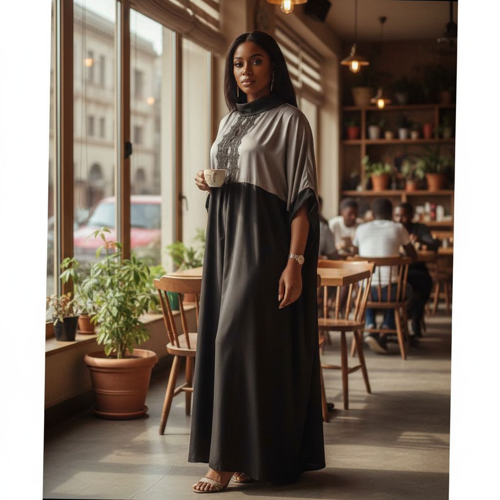 Robe en soie et dentelle femme longue élégante col montant gris noir