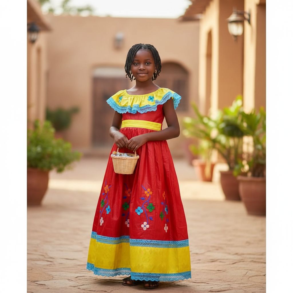 Robe enfant fille rouge jaune bazin riche brodée